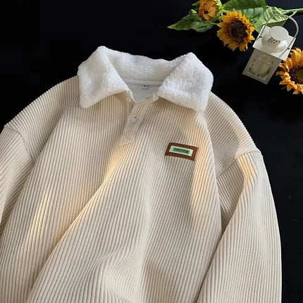 Lamb Velvet Collar Sweatirt Men's Autumn Winter Thiened Fce Loose Japanese Sle Retro Versatile Corduroy Jaet Top