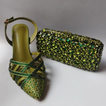 INSIGHTLINK Luxury Olive Green Rhinestones Women's Shoe and Bag Set for Party Wedding Crystals Heeled Pumps and Handbag Sandals
