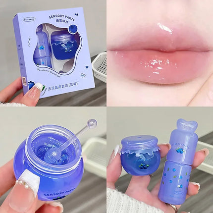 Moisturizing Lip Balm Set Blueberry Peach Light Hydrating Lip Gloss Relieve Dryness and Remove Dead Skin Soothing Tender Lips