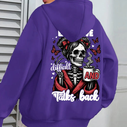 Expensive Talks Back Coffee Butterfly Skulls Print Women Hoody Autumn Hoodies Casual Loose Pullover Jogging Pocket Sportswear