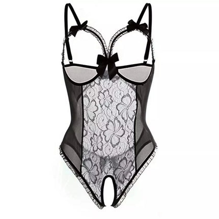 Crotchless Sexy Lingerie Women Patchwork Lace Bodysuit Erotic Costumes Teddy Stripper Nighty Deep V Exotic Porn Underwear