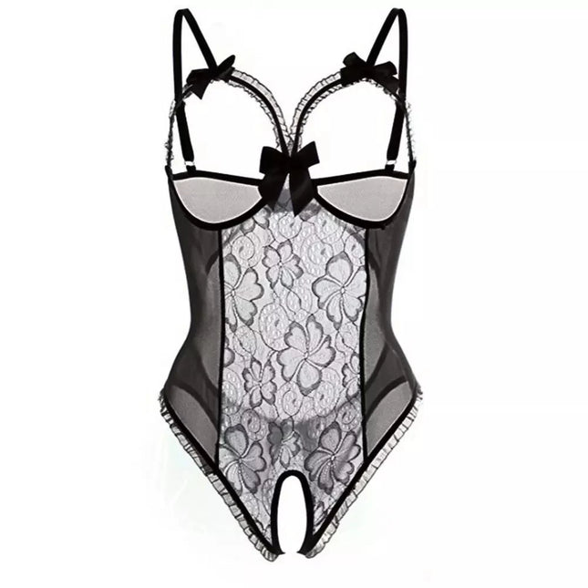Crotchless Sexy Lingerie Women Patchwork Lace Bodysuit Erotic Costumes Teddy Stripper Nighty Deep V Exotic Porn Underwear