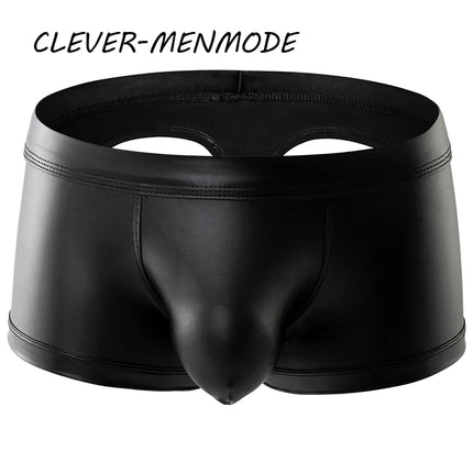 Men's Sexy PU Open Buttocks Boxers U Convex Big Bag T Back Underwear Men Breathable G-String Faux Leather Open Back Hip Panties