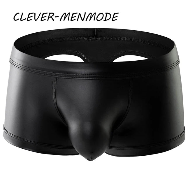 Men's Sexy PU Open Buttocks Boxers U Convex Big Bag T Back Underwear Men Breathable G-String Faux Leather Open Back Hip Panties