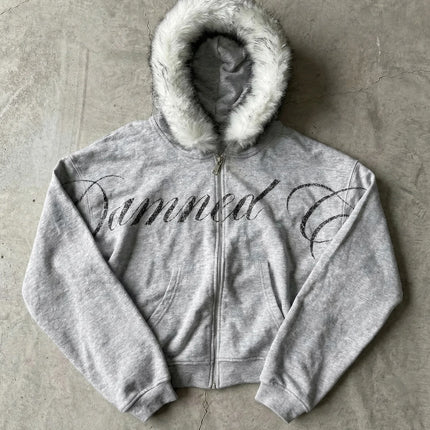 Y2K Retro Gothic Fur Collar Zipper Hoodie Women Trendy Brand Clothing Suit Harajuku Fashion Loose Oversized Sweatpants Men