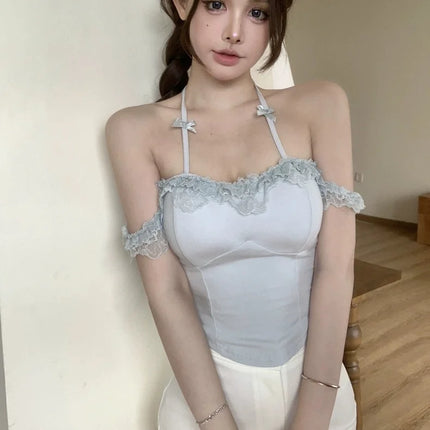 Pure Desire Lace Strap Vest Women Sexy ort Blue Top with Chest Pad Hanging Ne  Knot Nylon Cotton Spandex Blend