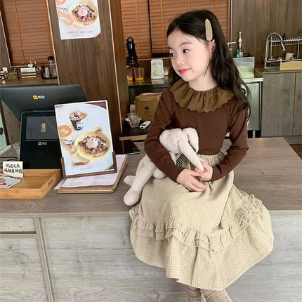 1-12 Years Long-Sleeved Shirts Children's Spring Knitted Tops Baby's Lace 2025 Lace Base Shirt Korean Girls Ruffle Collar T-shirt
