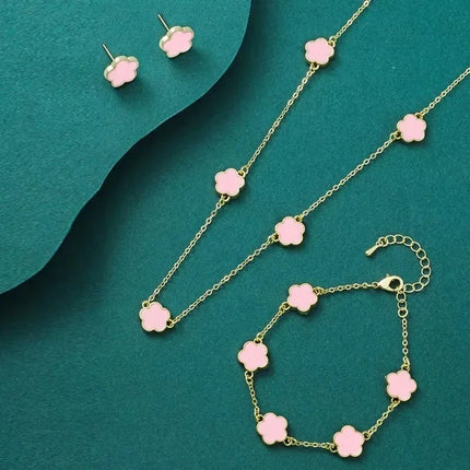 New Lucky Five-petal Flower Five-leaf Clover Earrings Necklace Two-piece set for Woman Fashionable Accessories Party Jewelry