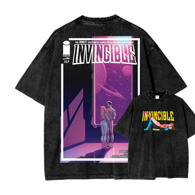 Superhero Anime Invincible Graphic Print Washed T-shirt Men Women New Fashion O-neck Cotton Tee Streetwear Hip Hop Oversized Top