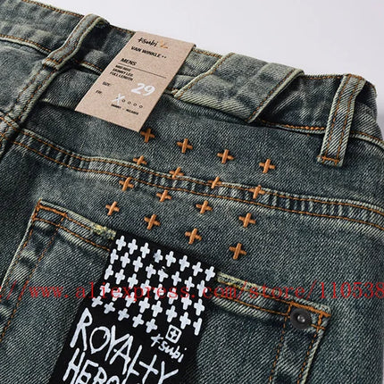 2026 Hot New Men's Blue Acid Washed Denim Shorts Distressed Ripped Embroidered Slim Fit Casual Shorts Streetwear Bottoms