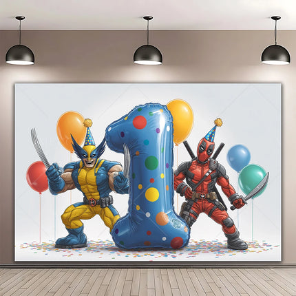 Superhero Deadpool and Wolverine Themed Customized Boy's Birthday Party Decoration Banner With Portrait Photography Studio Props