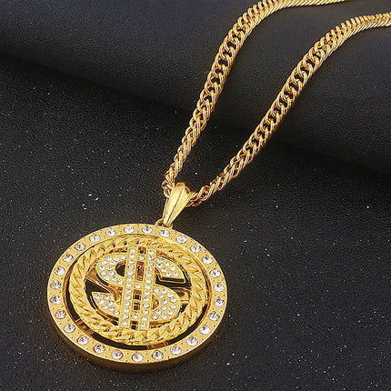 Big Rotatable US Dollar Money Sign Pendant Necklace Men Rapper Hip Hop