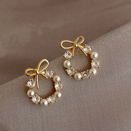 FTCY Minimalist Round Bow Knot Earrings For Women Rhinestone Imitation Pearl Stud Earrings Party Wedding Jewelry Gifts
