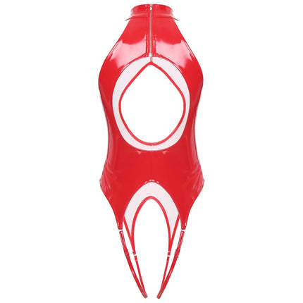 Women's Wetlook Open Crotch Bodysuit PVC Leather Teddies Lingerie Chest Harness Halter Sexy Crotchless Catsuit Jumpsuit Clubwear