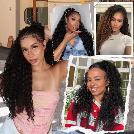 Curly Human Crochet Hair For Black Women Deep Wave Crochet Human Hair Bundles 14 Inch 120G Pre-Separated Feather Crochet Human Hair Deep Wavy Invisible Crochet Hair Extensions Natural Color