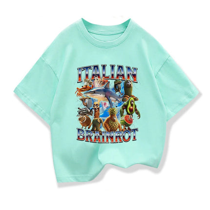 Kids Loose T-shirt Children's Summer Short Sleeved Tops With Funny Italian Brainrot Meme Graphic Boys Basic Pure Cotton Clothes