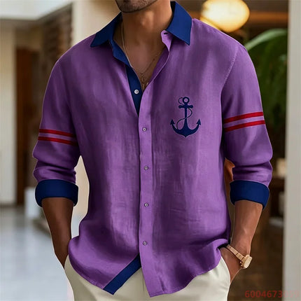 2026 Summer New Men's Long-Sleeve Shirt, Contrasting Collar with Anchor Print, Fashionable Casual Hawaiian Shirt, XS-6XL