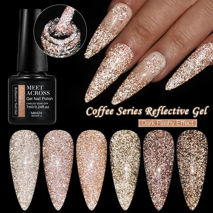6pcs Coffee Brown Reflective Glitter Gel Nail Polish Set Dark Flashy Semi Permanent Soak Off UV Gel Varnish Nail Supplies Salon