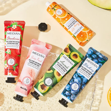 Five piece fruit scented hand cream for moisturizing and long-lasting fragrance retention. Hand care mask cream