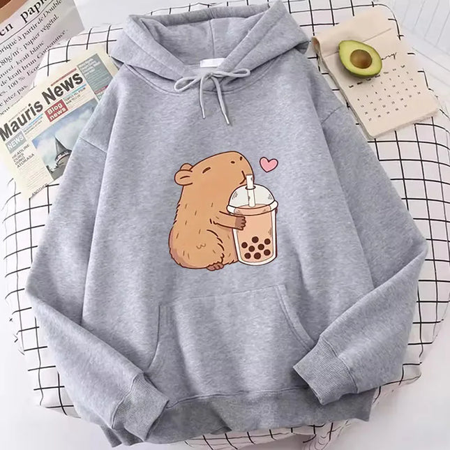 Funny Kawaii Bubble Tea Capybara Hoodie Women/Men Aesthetic Graphic Hoodies Unisex Autumn Winter Harajuku Pullovers Sweatshirts