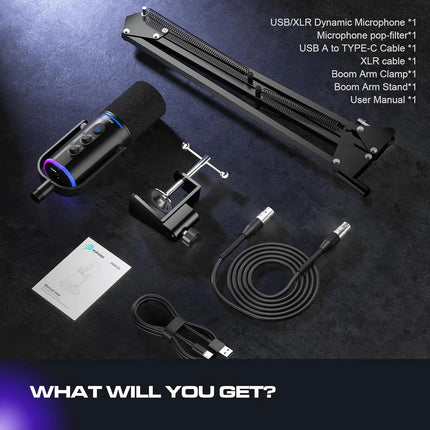 XLR/USB Podcast Microphone, Gaming Mic with Mute Button, Reverb Effects, Noise Cancellation, Boom Arm Stand, Headphones Jack