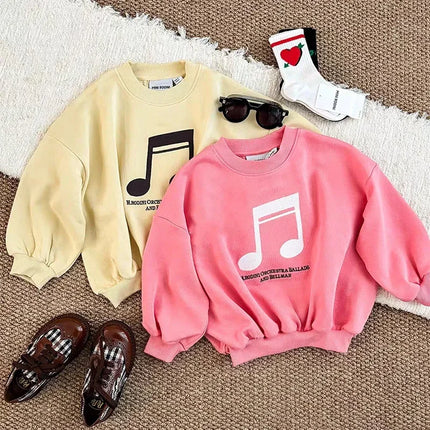 2025 New Children's Set Fashion Cartoon Violin Print Girl Sweatshirt Pants Set Korean Boy Hoodie Pullover Kids Clothes Girls