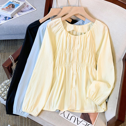 Plus Size Long Sleeve Shirt Spring Autumn 2026 Solid Color Round Collar Korean Blouses Large Size Casual Puff Sleeve Tops