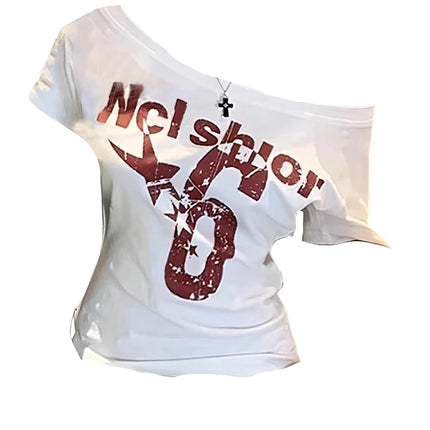 Y2k Sport Summer Off shoulder Top Women Sexy Vintage 2000s Short sleeve T shirt  Lady Body Basic Crop Top Female Casual