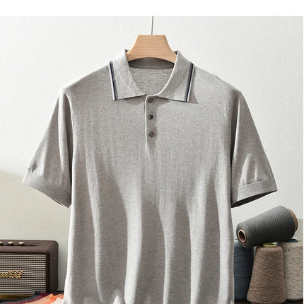 85% Silk + 15% Cashmere Men's T-shirt Casual Solid Color Knitted Pullover Short Sleeved Polo Neck Tees Basic Tops