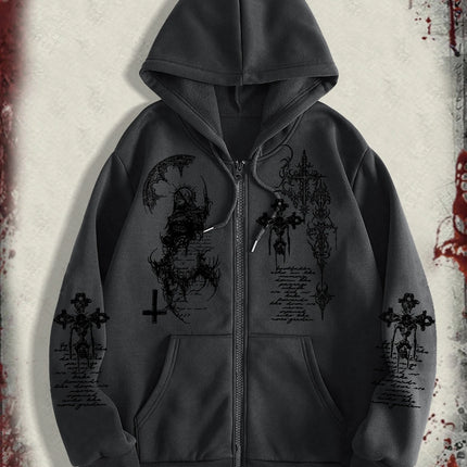 Men's Gothic Dark Angel Printed Zipper Hoodie, The Perfect Choice for Fashionable Streetwear in Casual Occasions