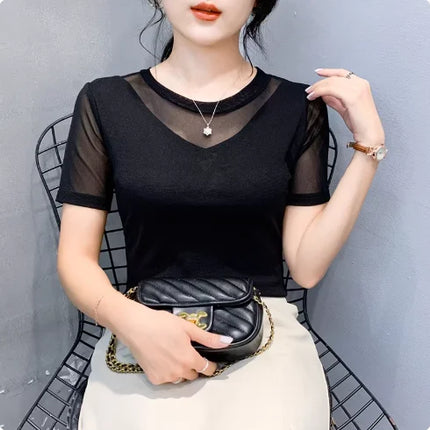 Autumn Winter Round Neck T shirt Women Sexy Mesh Bottoming Shirt Long Sleeve Solid Color Slim Fit Long Sleeve Casual Tops