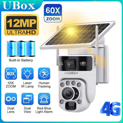 INQMEGA 12MP 60X Optics Zoom Dual Screen 4G /WIFI Solar Camera Securty Outdoor  PIR Human Detection Color Night Vision UBOX APP