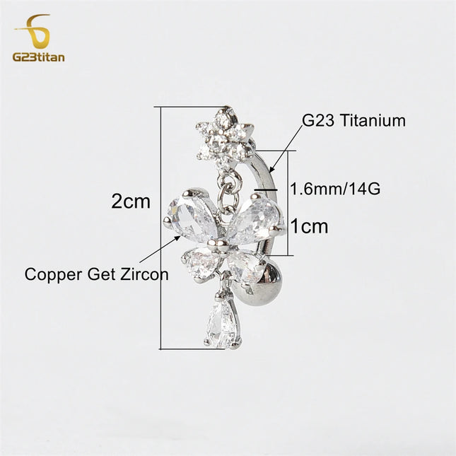 Zircon Butterfly Dangle Reverse Belly Ring 14G F136 Titanium Navel Piercing Barbell Women Sexy Body Jewelry piercings ombelico