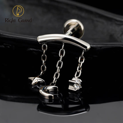 Right Grand ASTM F136 Titanium Hidden Helix Chain Earring 16G Dainty Star Moon CZ Dangle Cartilage Stud Piercing Jewelry