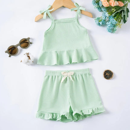 Summer 2024 New Baby Girl Solid Color 2pcs Bow Halter Ruffle Top + Shorts Fashion Comfortable Breathable Cute