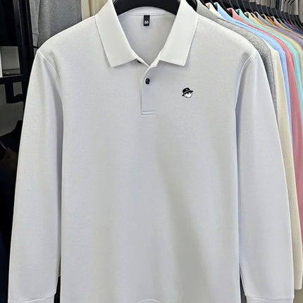 Men's Long-Sleeve Golf Polo Shirt, Branded Print, Spring, 100% Cotton, Comfortable, Breathable, Fashionable, Casual, High-End T-shirt