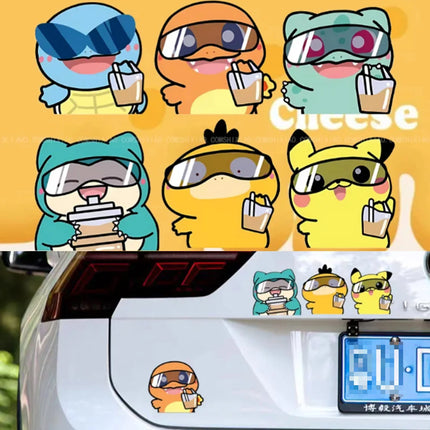 8cm Pokémon car sticker, cute cartoon Pokémon drinking milk tea, personalized electric vehicle sticker, luggage sticker