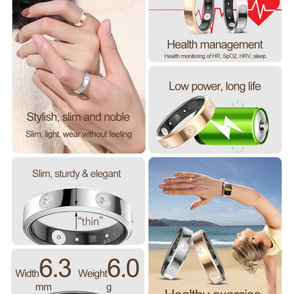 2026 Smart Ring Women Men Super narrow 6.3mm Heart Rate Health Stress measurement Monitor IP68 Waterproof Fashion Sports Rings