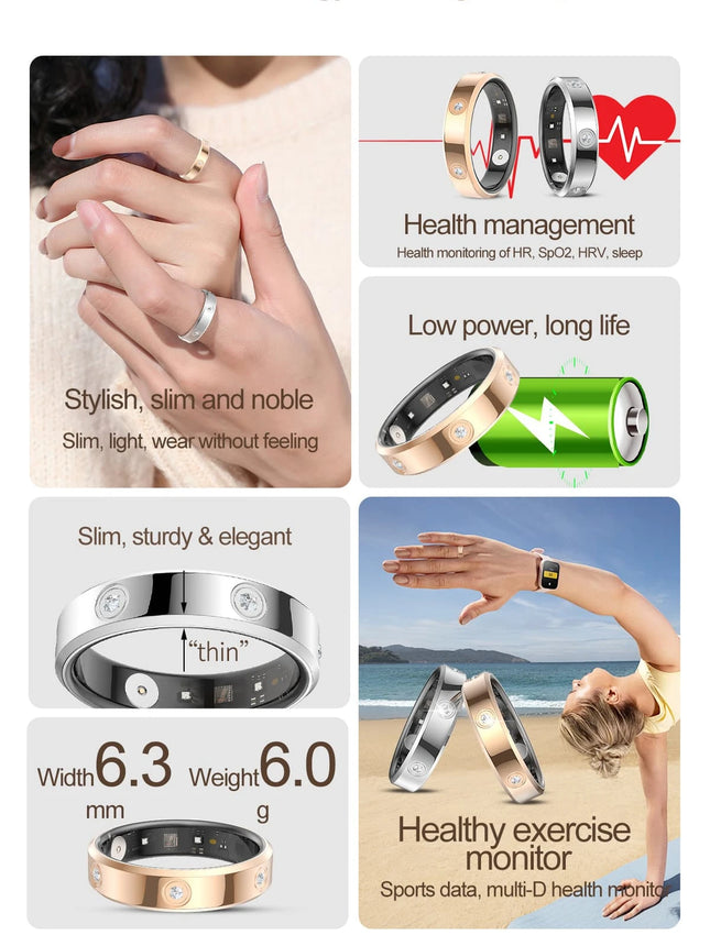2026 Smart Ring Women Men Super narrow 6.3mm Heart Rate Health Stress measurement Monitor IP68 Waterproof Fashion Sports Rings