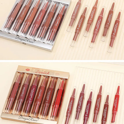 Six Double-Ended Lipstick Set, Velvet Matte Matte Lipstick, Lip Gloss, Easy to Color, Non-Fading, Non-Stick Lipstick Set