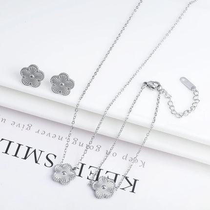 3Pcs/Set Stainless Steel Reversible Metal Laser Bracelet Necklace Earrings Jewelry Set Classic for Women's Accessories Clover