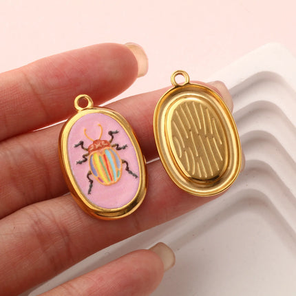 2 Pcs 304 Stainless Steel Insect Charms 18K Gold Plated Oval Printed Ladybug Beetle Pendants For DIY Necklace 28mm X 17.5mm