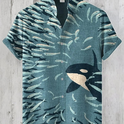 Men's Fashionable Stand up Collar Whale Pattern Retro Short Sleeve Button up Shirt High-Quality Streetwear New 2025