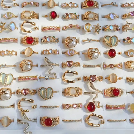 10/17Pieces Fashion Heart & Cat Eye Opal Ring Set For Women Mix Style Open Adjustion Daily Jewelry Party Gifts