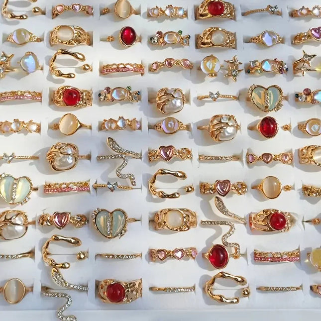 10/17Pieces Fashion Heart & Cat Eye Opal Ring Set For Women Mix Style Open Adjustion Daily Jewelry Party Gifts