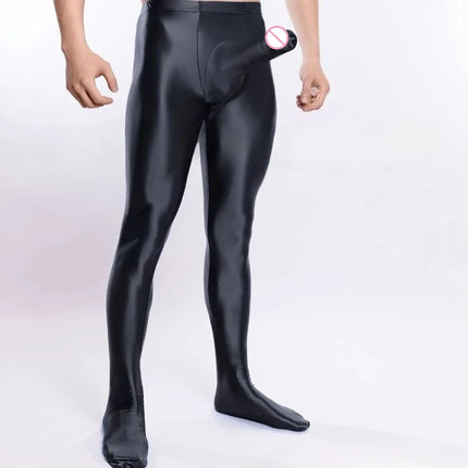 Men Sexy Bodystockings Long Leg Leggings U Convex Elephant Trunk JJ Bodysuit Oil Glossy Shiny Elastic Bodybuilding Jumpsuit Porn