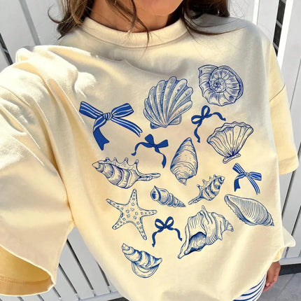 Summer American Retro Y2k Marine Animal Conch Bow Pattern T-shirt Women's Loose Round Neck Streetwear Half-sleeved Top