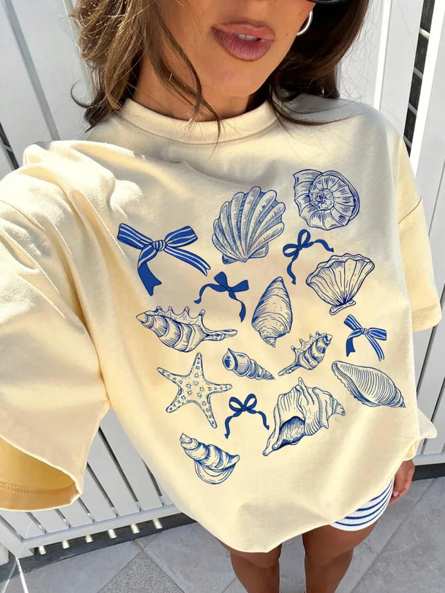 Summer American Retro Y2k Marine Animal Conch Bow Pattern T-shirt Women's Loose Round Neck Streetwear Half-sleeved Top