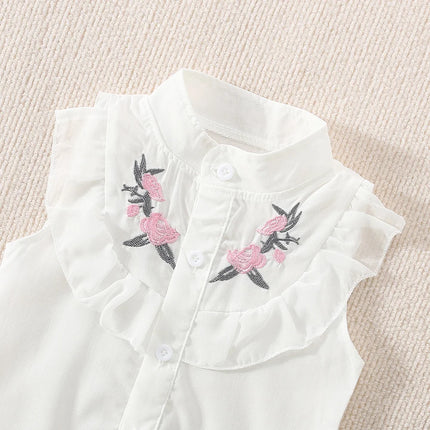 (0-3 Years Old) Summer Baby Girl Cotton Flower Embroidery Sleeveless Top And Shorts Two-Piece Set Of Cute Girl Shirt Top And Sho