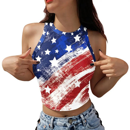 Nadanbao Women's Vest Summer Casual American Flag Tie Dyeing Cropped Tight Sleeveless T-Shirt Streetwear Crop Tops Y2K Tees